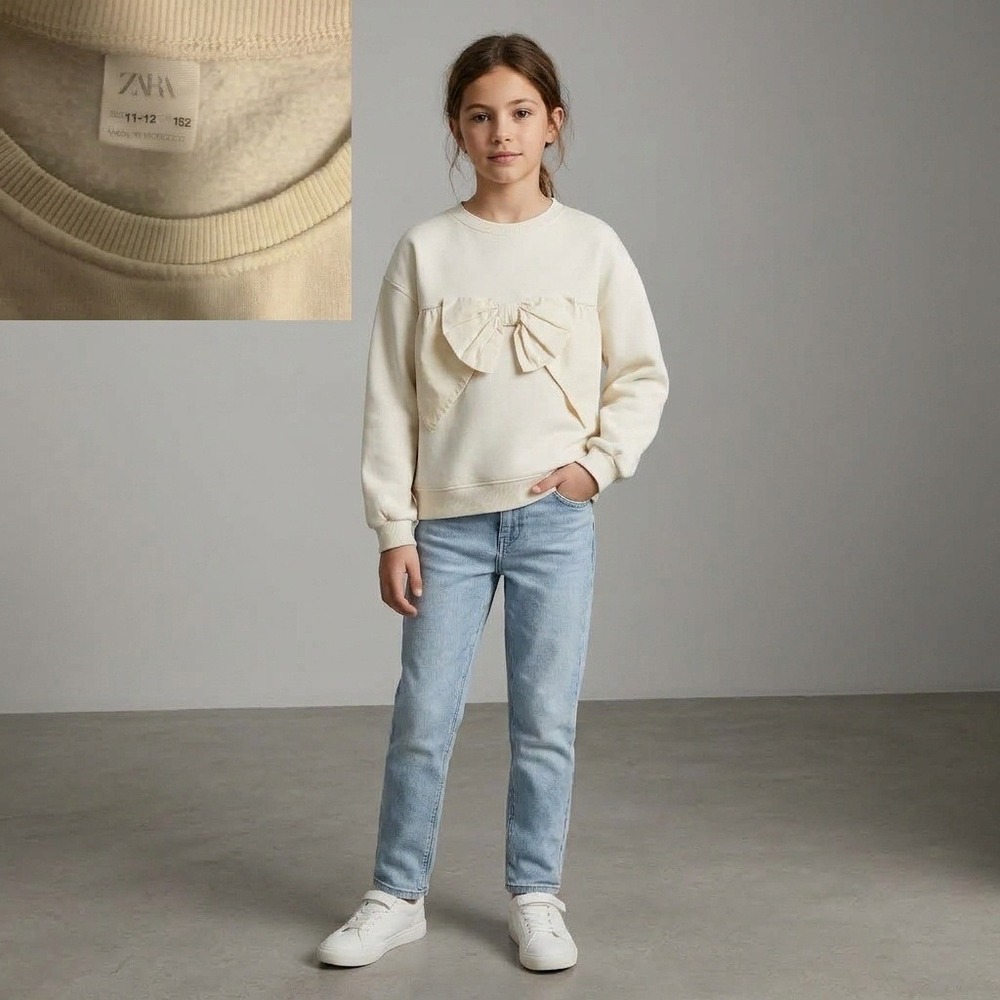 Zara Sweatshirt Kids Size 11-12 Cream Good Bow Front Fleece Pullover